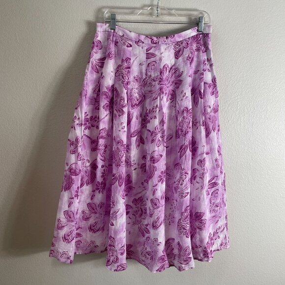 J Jill Womens Petite 10 Purple Floral Pleated Midi Skirt 100% Linen Lined - Picture 1 of 10
